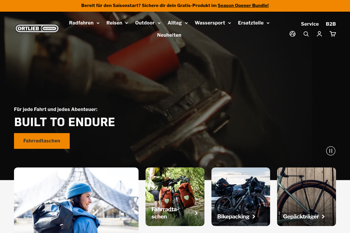 Ortlieb Startseite: Wasserdichte Fahrradtaschen und Outdoor-Ausrüstung Made in Germany
